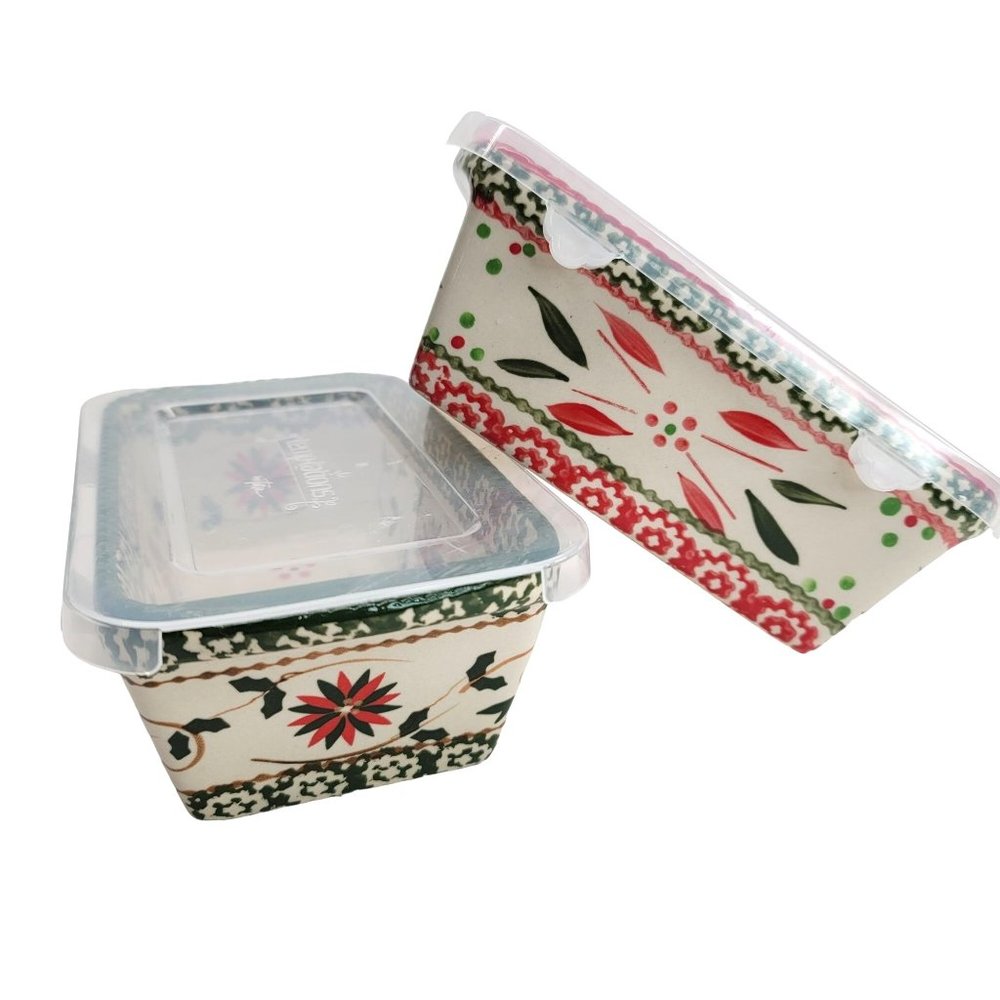 Temp-tations Baking Dishes Set 12 Oz Lidded Holiday Red Green by Tara PD22
